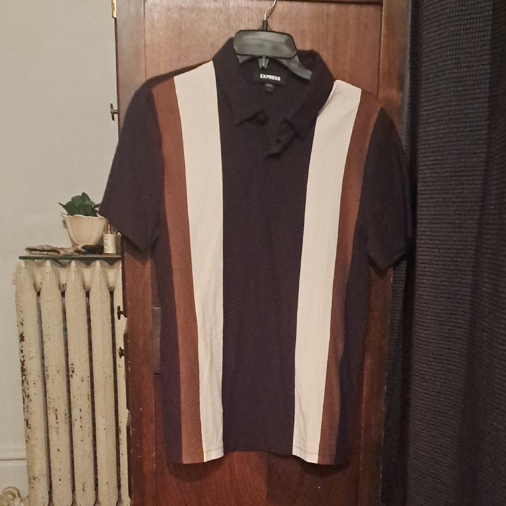 Express Men's Black and Brown Retro Design Short Sleeve Polo Shirt